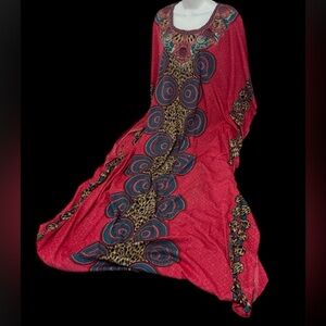 Vintage Style bohemian Red and Blue Patterned Maxi oversized Dress